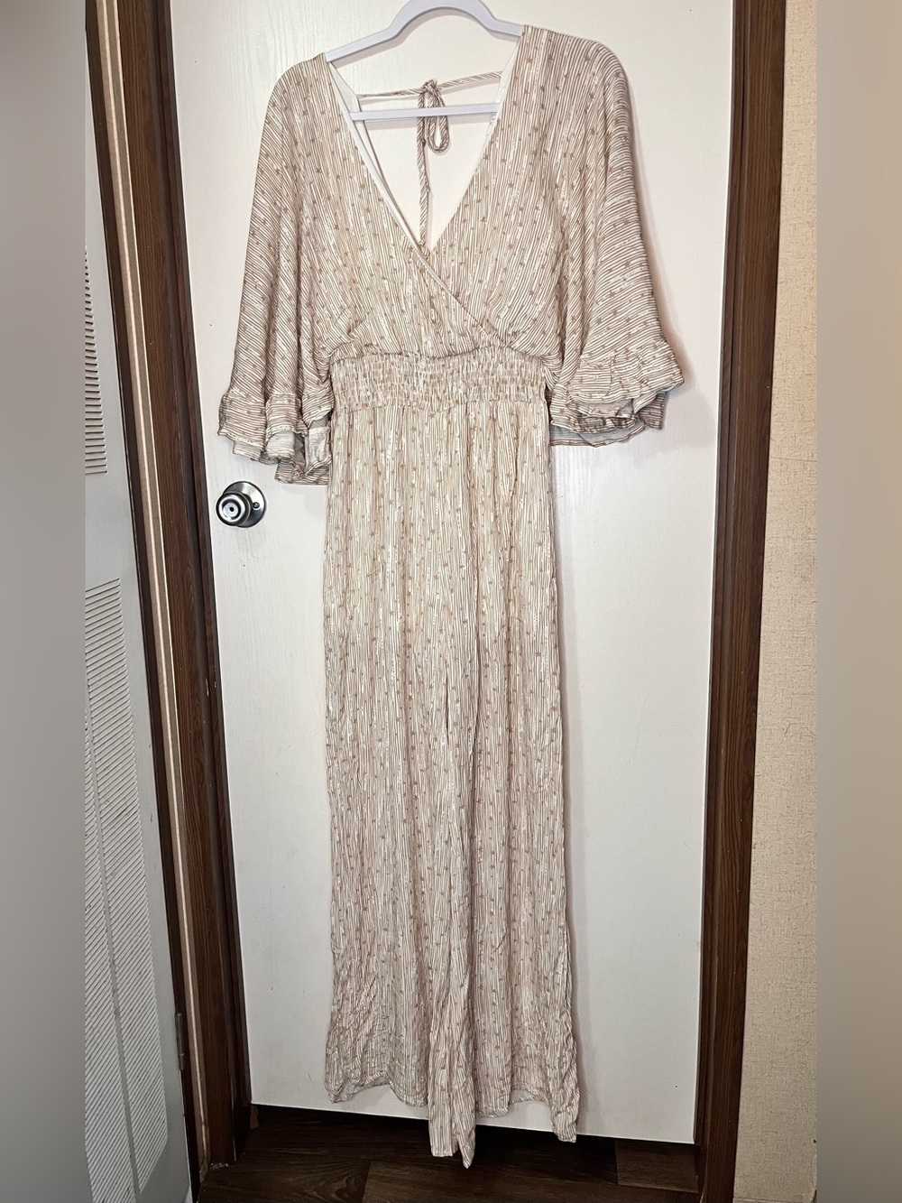 Peach Love California Cream Textured Wrap Maxi Jumpsuit